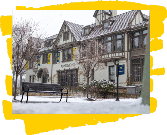 admissions building, bench and snow
