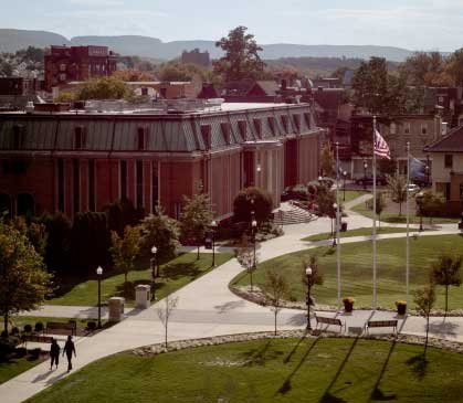 birds eye view of brick campus buildings and grounds